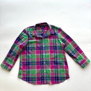 CHAPS madras plaid ladies cotton shirt large petite no iron green purple pink